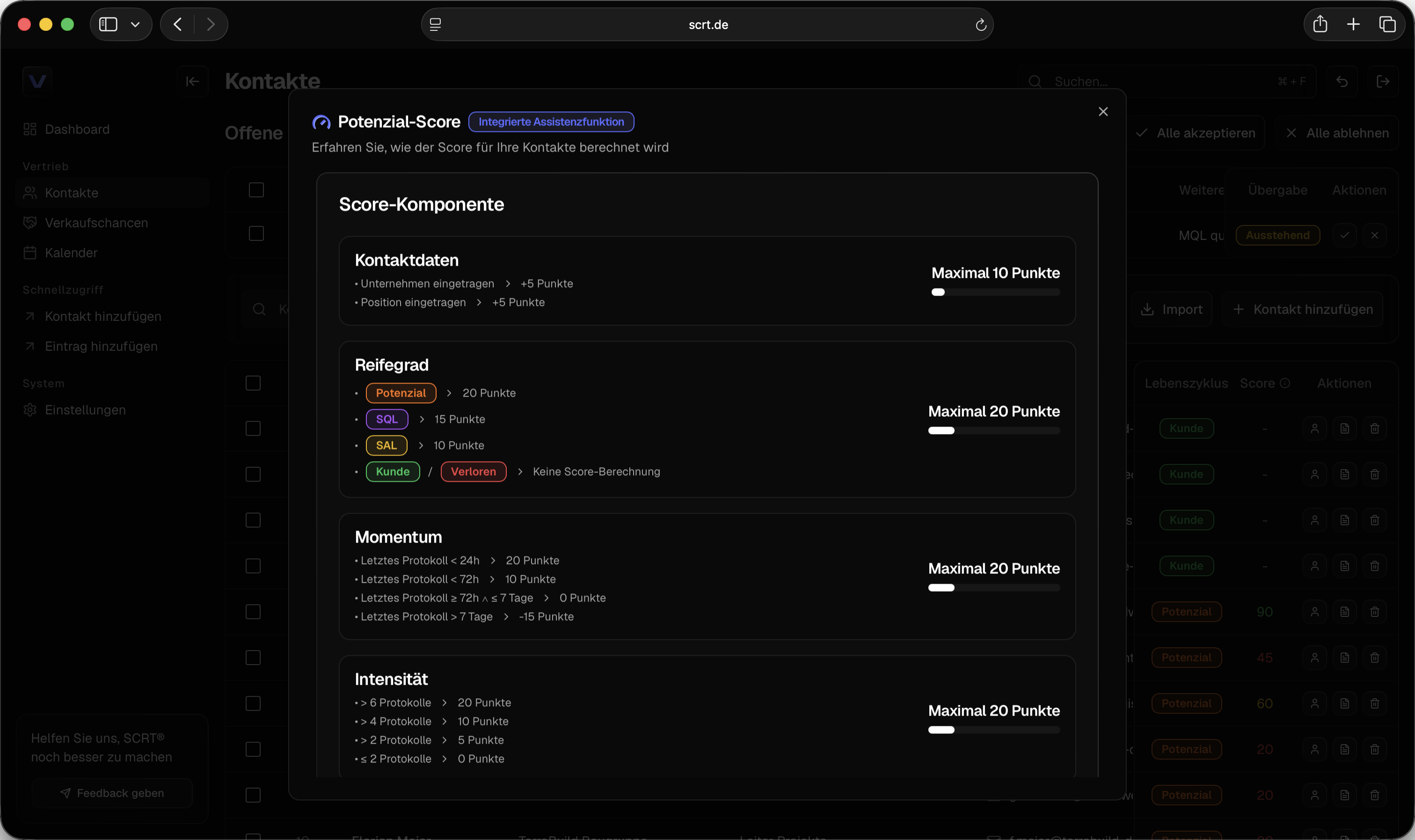 Screenshot aus SCRT: Kontakt-Priorität mit Begründung